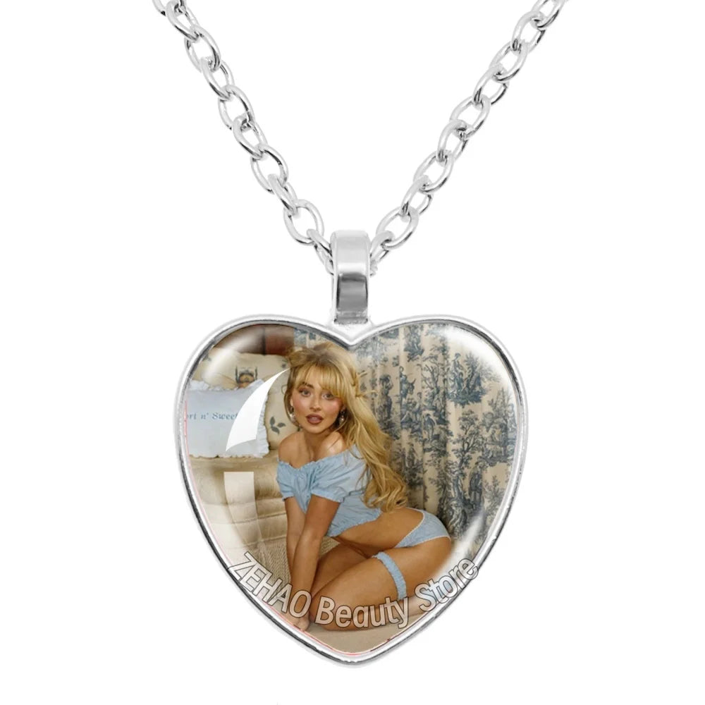 25mm Peach Heart Necklace Famous Character Sabrina Carpenter Funny Singer  Accessories Glass Cabochon Pendant For Fans Gift