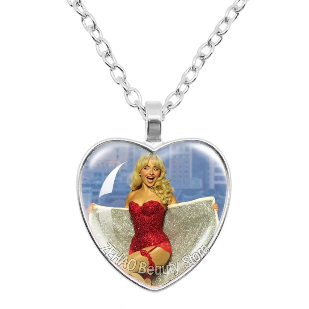 25mm Peach Heart Necklace Famous Character Sabrina Carpenter Funny Singer  Accessories Glass Cabochon Pendant For Fans Gift
