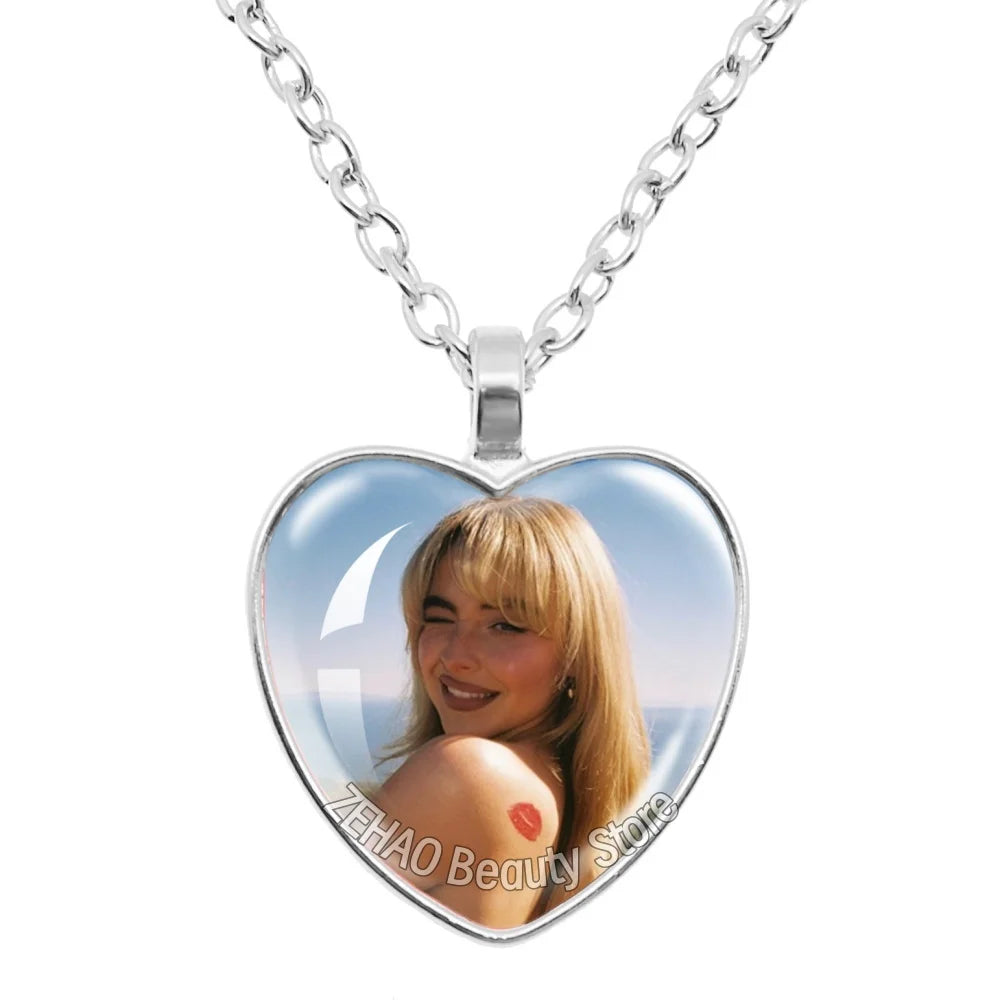 25mm Peach Heart Necklace Famous Character Sabrina Carpenter Funny Singer  Accessories Glass Cabochon Pendant For Fans Gift