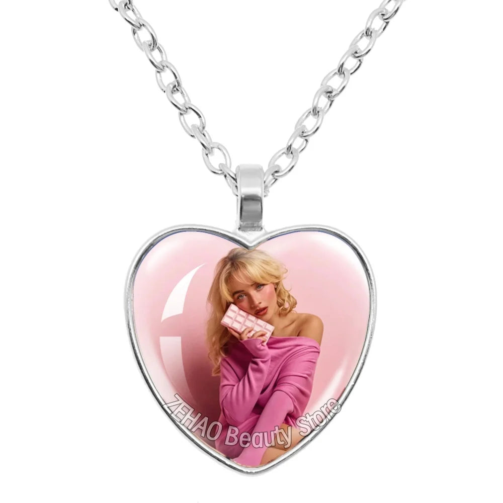 25mm Peach Heart Necklace Famous Character Sabrina Carpenter Funny Singer  Accessories Glass Cabochon Pendant For Fans Gift