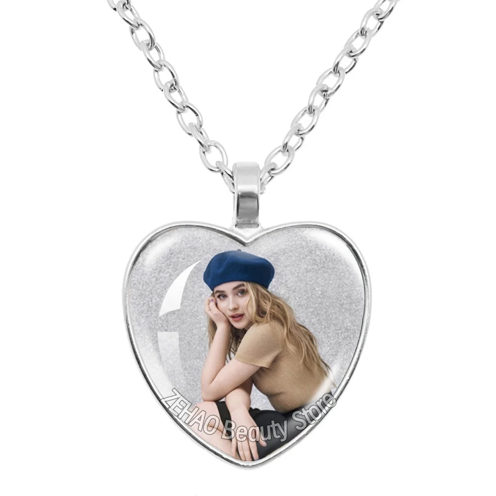 25mm Peach Heart Necklace Famous Character Sabrina Carpenter Funny Singer  Accessories Glass Cabochon Pendant For Fans Gift