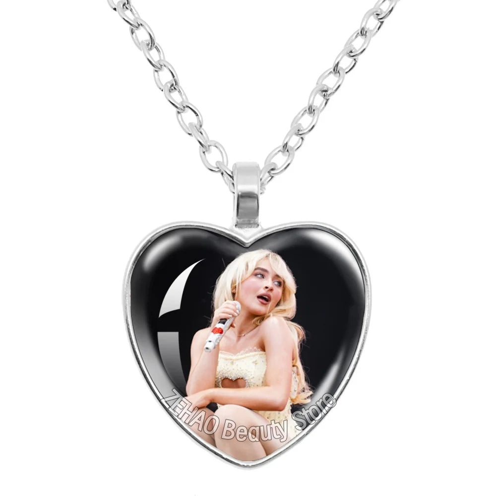 25mm Peach Heart Necklace Famous Character Sabrina Carpenter Funny Singer  Accessories Glass Cabochon Pendant For Fans Gift
