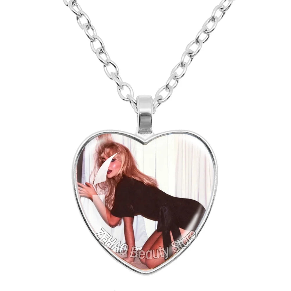 25mm Peach Heart Necklace Famous Character Sabrina Carpenter Funny Singer  Accessories Glass Cabochon Pendant For Fans Gift