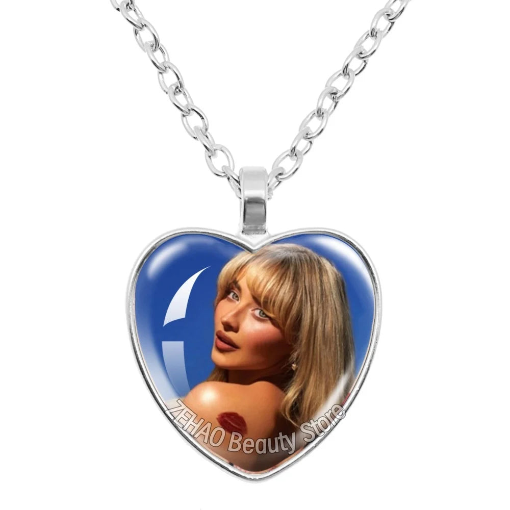 25mm Peach Heart Necklace Famous Character Sabrina Carpenter Funny Singer  Accessories Glass Cabochon Pendant For Fans Gift
