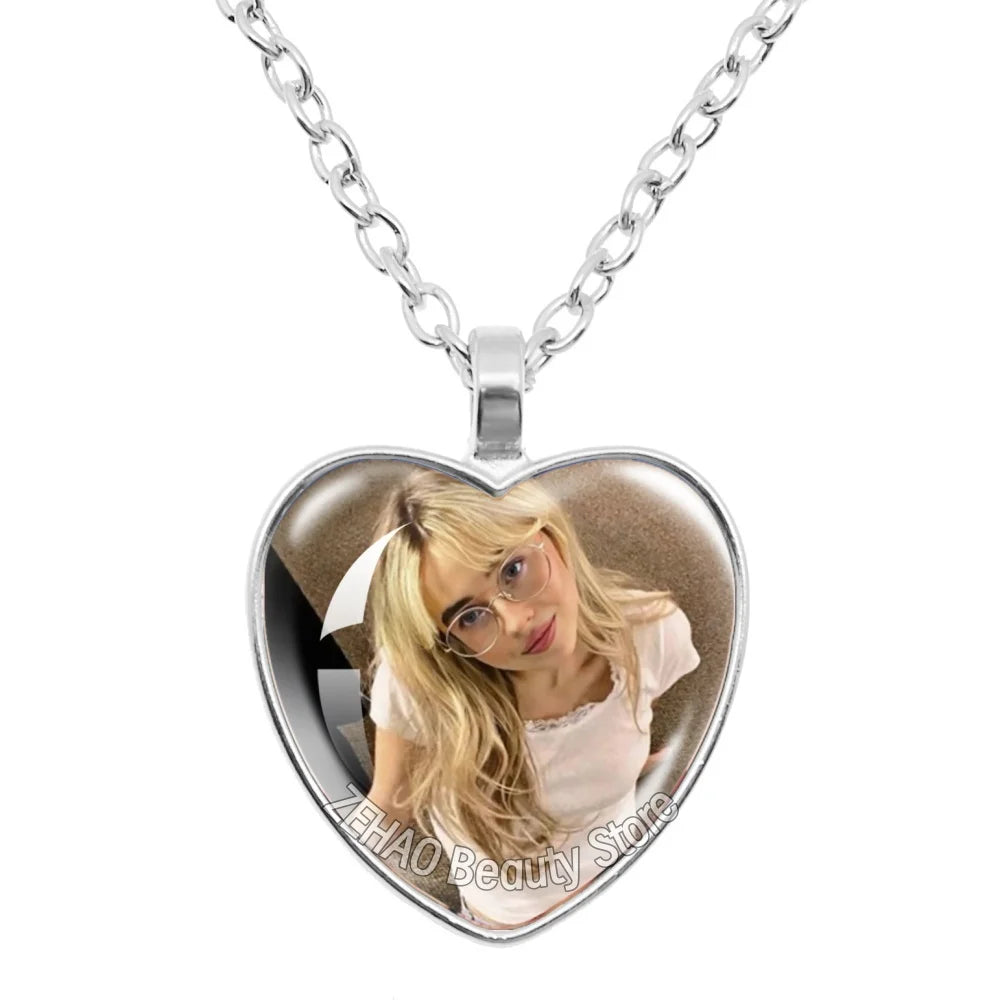 25mm Peach Heart Necklace Famous Character Sabrina Carpenter Funny Singer  Accessories Glass Cabochon Pendant For Fans Gift