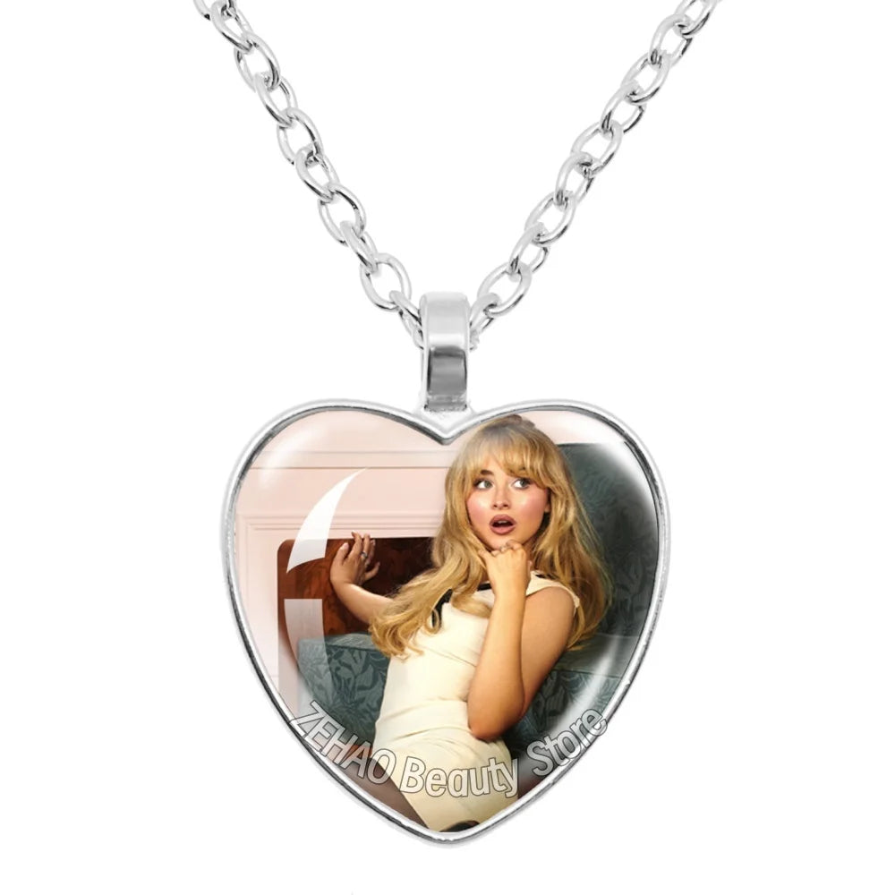25mm Peach Heart Necklace Famous Character Sabrina Carpenter Funny Singer  Accessories Glass Cabochon Pendant For Fans Gift