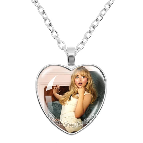 25mm Peach Heart Necklace Famous Character Sabrina Carpenter Funny Singer  Accessories Glass Cabochon Pendant For Fans Gift